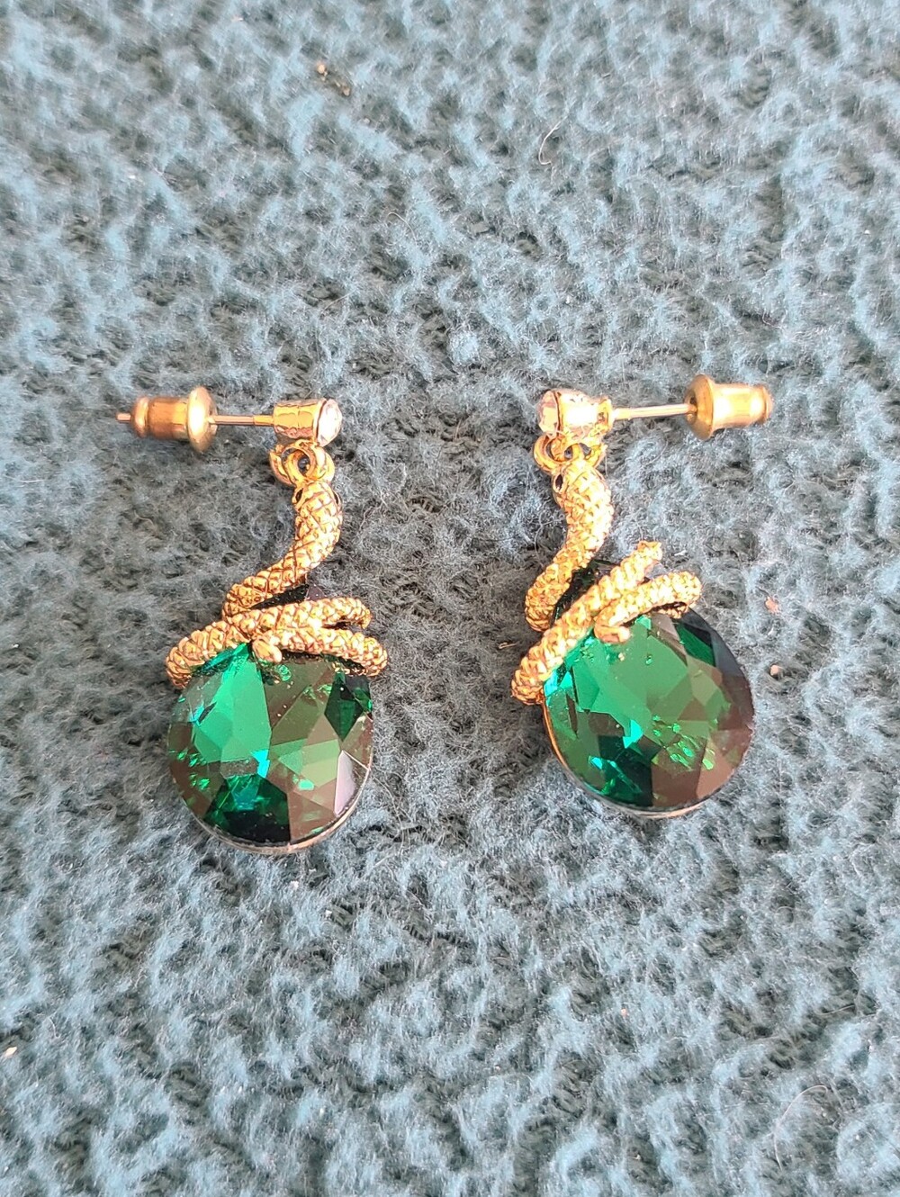 Gold Snake Drop Earrings with Deep Emerald Green Crystal Dangles